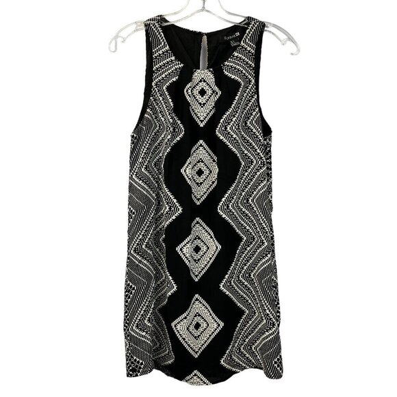 Forever 21 Women’s Sleeveless Round Neck Shift Dress Black/White Print Small - Picture 1 of 8